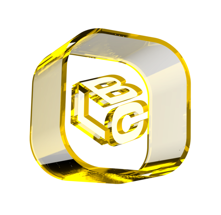 Logo do LCbank com letras B, L, C em dourado e transparente