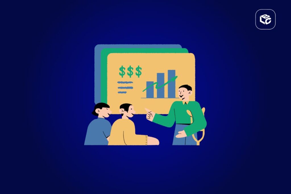 Equipe analisando gráfico de finanças e crescimento em reunião.